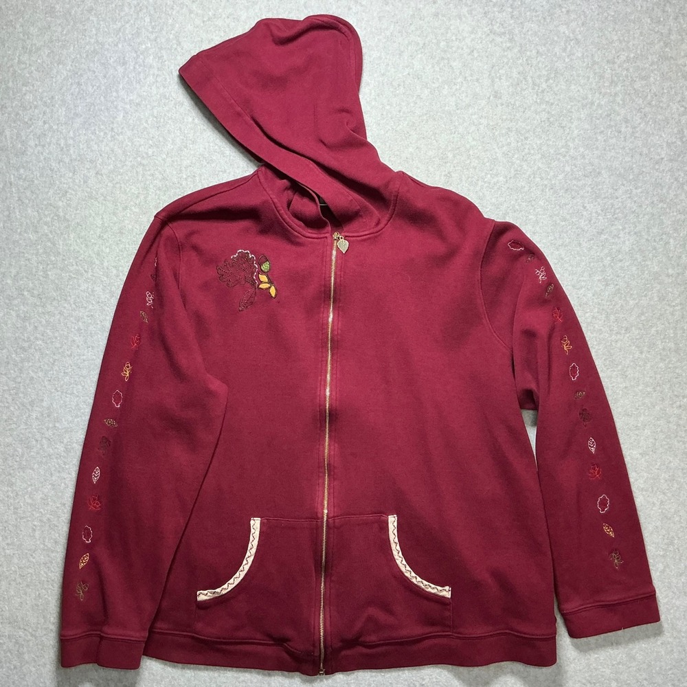 CJ Banks Christopher & Banks Burgundy Fall Leaf Embroidered Zip Hoodie 3X